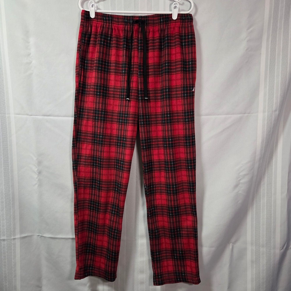 Nautica Pajama Pants Mens M Red Plaid Fleece Sleepwear KP353T Drawstring Lounge